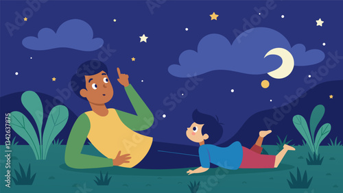 A child laying in the grass with their parent asking endless questions about the stars and finding wonder and curiosity in the night sky.. Vector illustration