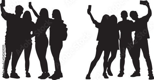Silhouette of a group of friends taking a selfie together, shared happiness vector silhouette