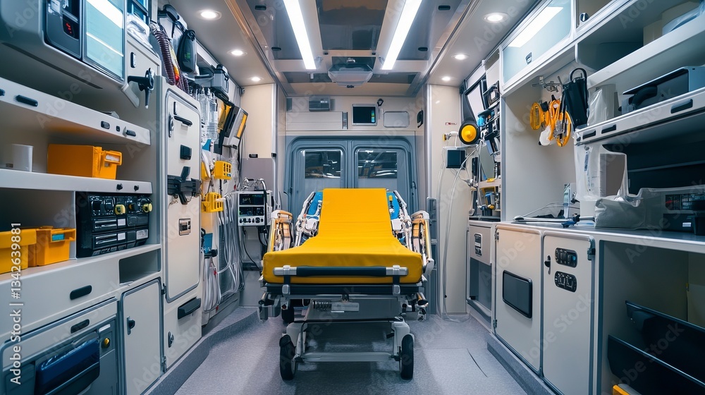 The interior of an ambulance featuring all the necessary equipment for patient care and medical emergencies The interior of an ambulance featuring all the necessary equipment for patient care and medical emergencies