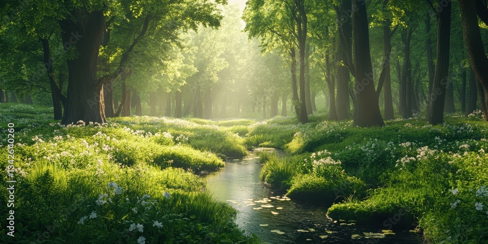 Fototapeta premium Serene Spring Forest with Sunlight and Gentle Stream