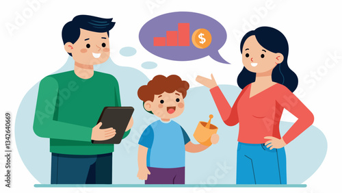 A Gen X couple engages in a heated debate about the best approach to teaching their child about financial responsibility.. Vector illustration