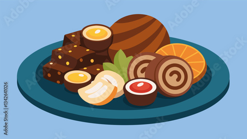 A sweet and savory highprotein platter showcasing dark chocolate covered almonds deli turkey pinwheels and roasted turkey slices satisfies all. Vector illustration