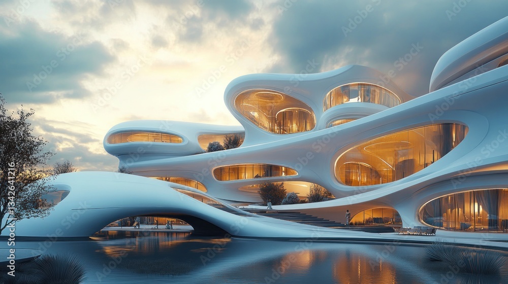 Obraz premium Futuristic building complex by a lake at sunset