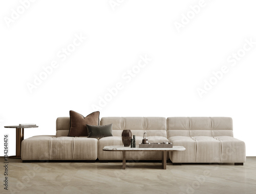 Wallpaper Mural Wall mock up for modern living room with sofa and table isolated PNG. 3d rendering Torontodigital.ca
