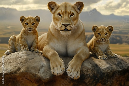 Lioness with her two cubs posing majestically on a rock in a savannah setting