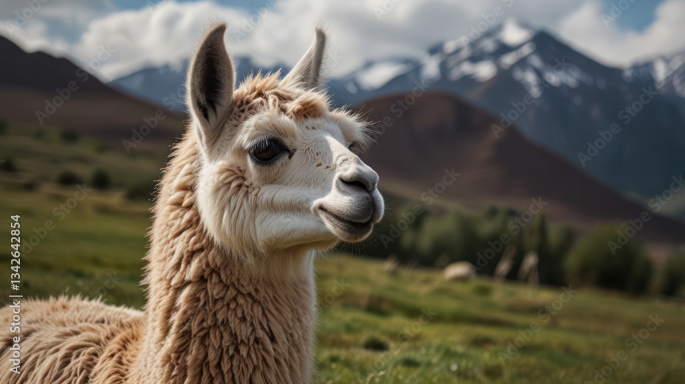 Obraz premium Fluffy llama in a mountain meadow