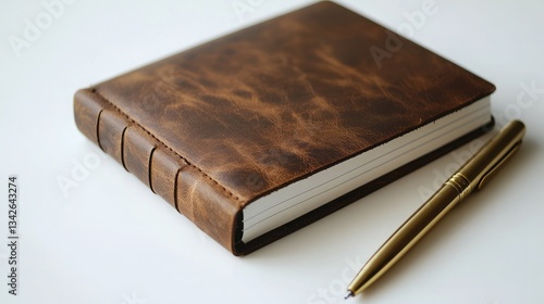 A luxurious leather-bound planner, with a gold pen placed beside it, resting on a white surface, professional and elegant aesthetic