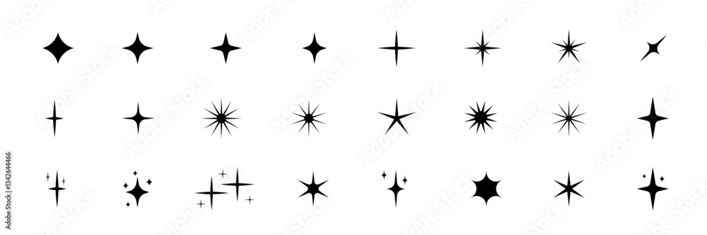 Retro star of different shapes flash silhouette set, Collection of twinkle particle stars and rays decorative symbols for design. Vector icons y2k style basic shapes geometric graphic elements. Sparkl Retro star of different shapes flash silhouette set, Collection of twinkle particle stars and rays decorative symbols for design. Vector icons y2k style basic shapes geometric graphic elements. Sparkl