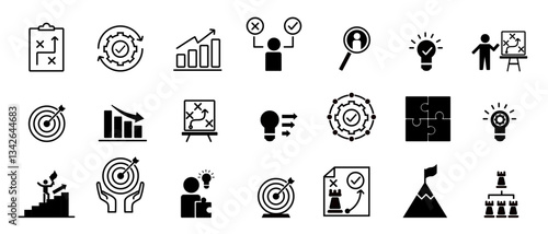 Strategy icon set. Containing goal, tactics, vision, plan, objective, roadmap, problem-solving, mission, solution and execution. Solid vector icons collection