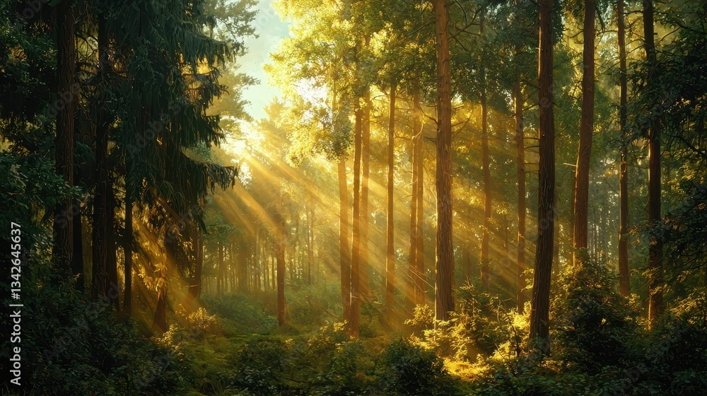 Fototapeta premium Dense Forest with Tall Ancient Trees Illuminated by Sunlight
