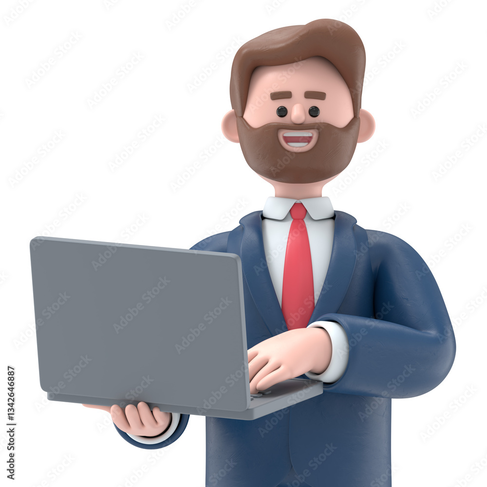 3D illustration of bearded american businessman Bob with ok gesture showing business charts at screen laptop computer.Transparent Background Mockup. Supports PNG files with transparent backgrounds. 3D illustration of bearded american businessman Bob with ok gesture showing business charts at screen laptop computer.Transparent Background Mockup. Supports PNG files with transparent backgrounds.