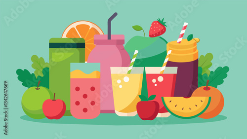 A variety of homemade smoothies packed with fruits vegetables and protein powder a tasty and nutritious snack option for children of all ages.. Vector illustration