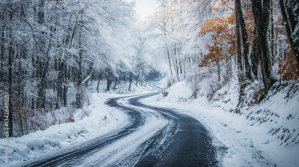 Obraz premium Serene Winter Road Through Hidden Mountain Pass Covered in Snow