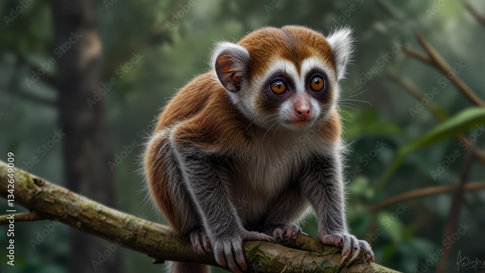 Adorable lemur, perched on branch, in lush forest. A small, cute lemur, with large eyes, sits on a tree branch amidst a vibrant jungle setting. Its fur displays Adorable lemur, perched on branch, in lush forest. A small, cute lemur, with large eyes, sits on a tree branch amidst a vibrant jungle setting. Its fur displays