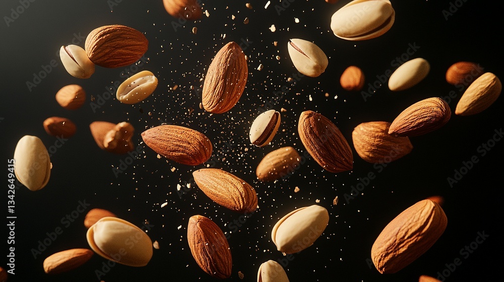 Almonds and pistachios scattered in an artistic dark background scene Almonds and pistachios scattered in an artistic dark background scene