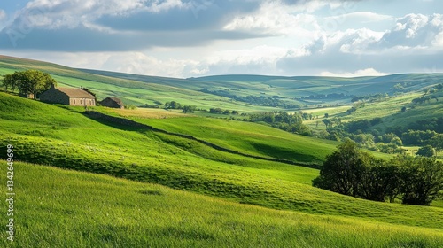 Serene Rolling Green Landscape of a Peaceful Countryside Scene