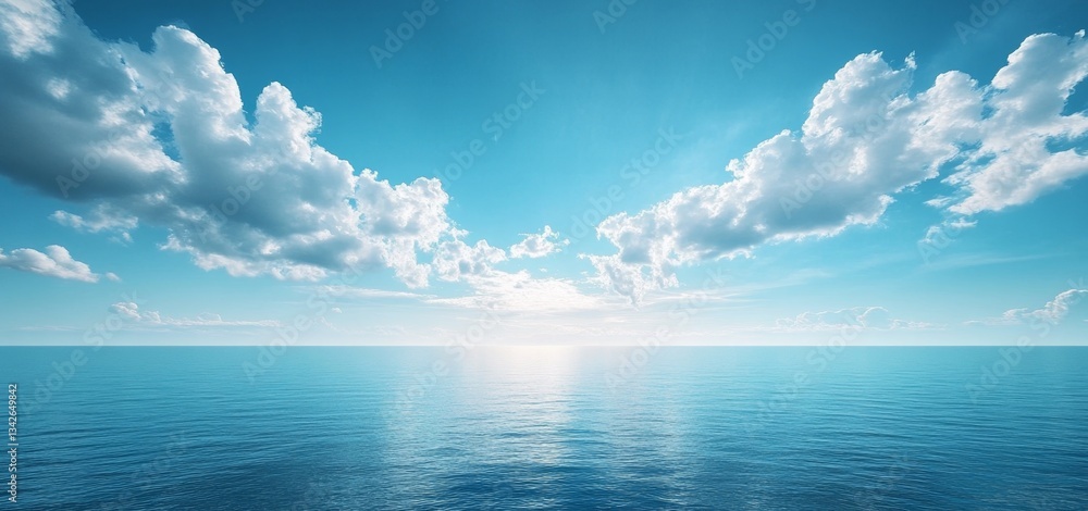 Obraz premium Serene Ocean Horizon Under Bright Blue Sky with White Clouds and Reflective Water Surface for Tranquil Landscape Theme