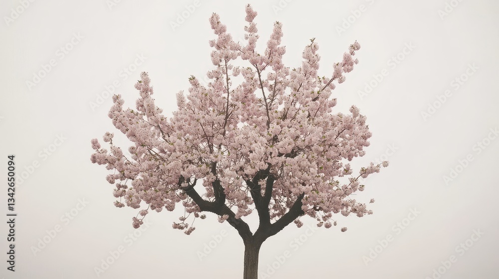 Naklejka premium A vibrant tree adorned with delicate pink blossoms stands proudly in the center of a lush green field, surrounded by a gentle breeze that sways the grass and petals.
