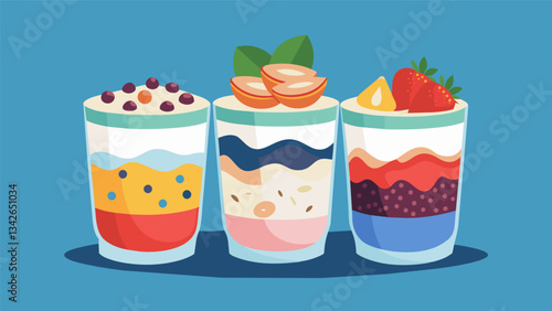 A variety of layered yogurt parfaits including ingredients like granola fresh fruit and chia seeds for a delicious and balanced snack.. Vector illustration