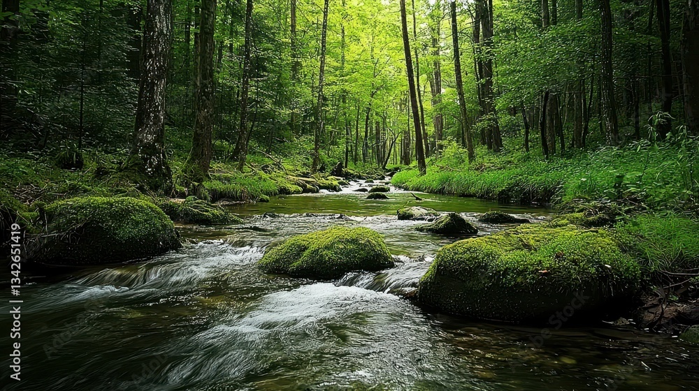 Tranquil Forest Stream with Moss Covered Rocks in Lush Greenery Tranquil Forest Stream with Moss Covered Rocks in Lush Greenery