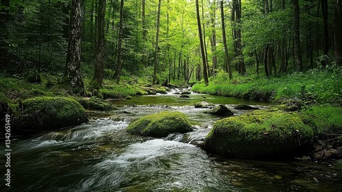 Tranquil Forest Stream with Moss Covered Rocks in Lush Greenery