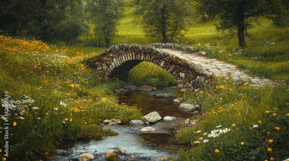 Naklejka premium Serene Rustic Stone Bridge Over a Tranquil Meadow Stream