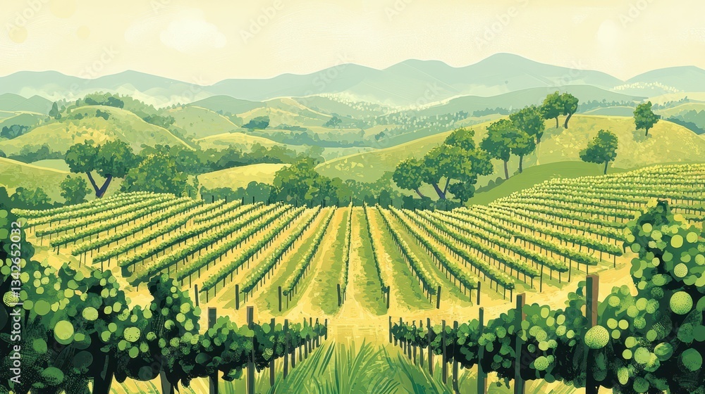 Peaceful Vineyard Landscape with Rows of Green Grape Vines Peaceful Vineyard Landscape with Rows of Green Grape Vines