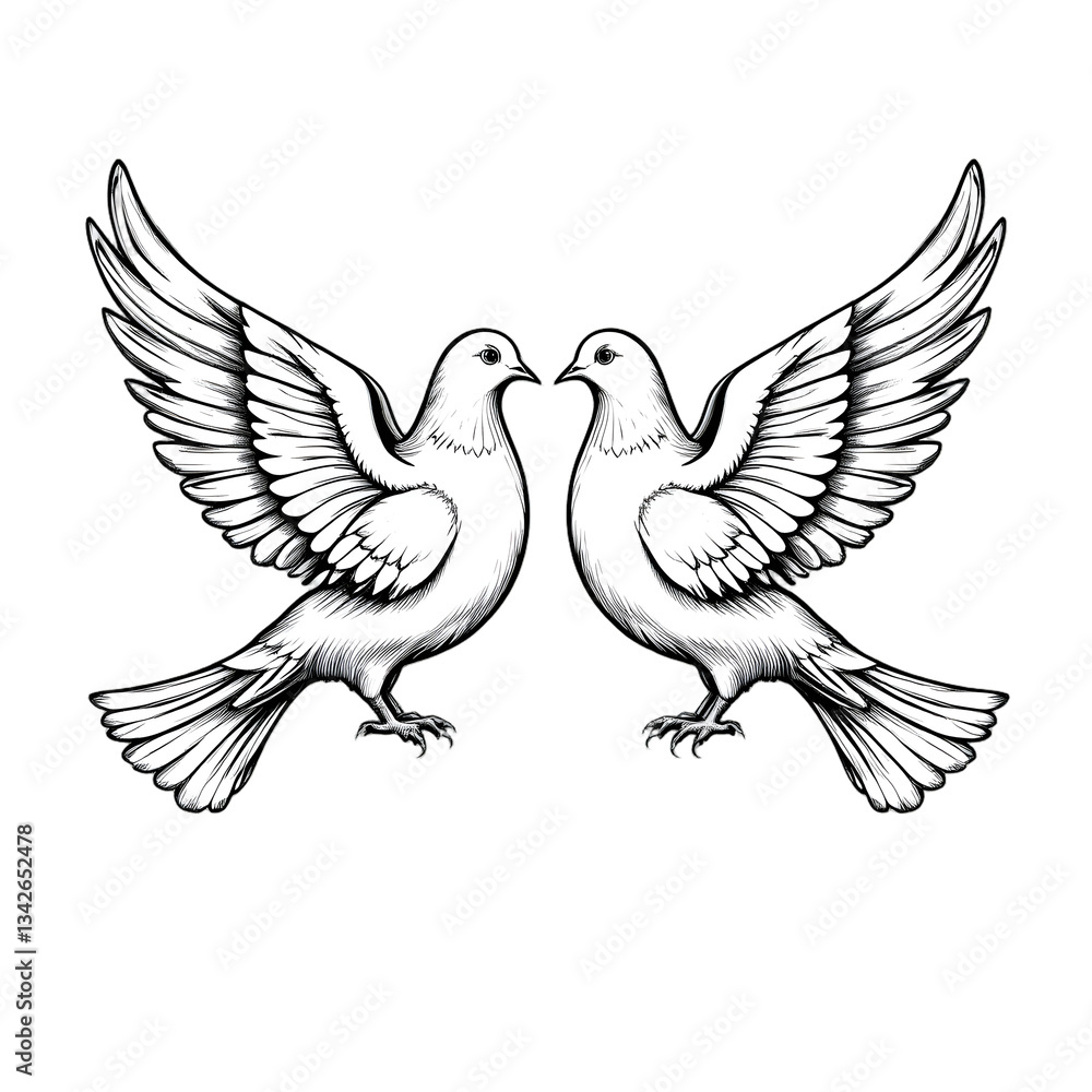 Fototapeta premium Two doves illustration with outstretched wings facing each other