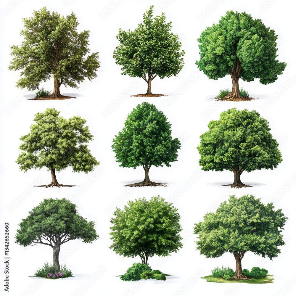 Fototapeta premium A Collection of Diverse Trees Depicting Various Leaf Shapes, Sizes, and Textures Against a White Background for Nature and Landscaping Themes