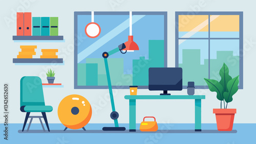A designated area in the office where employees can do light cardio exercises or use resistance bands during their breaks.. Vector illustration
