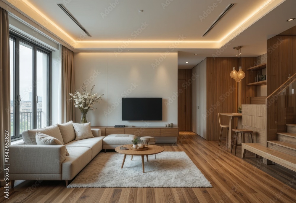 Fototapeta premium Modern living room design urban apartment interior photography cozy environment contemporary viewpoint minimalist concept for seo impact