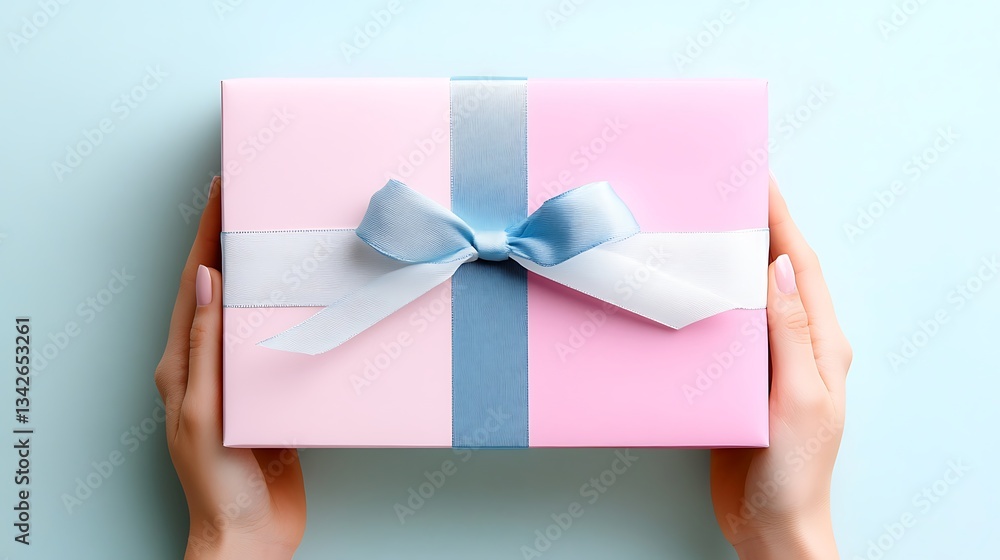 Hands holding a gift box on light blue background Hands holding a gift box on light blue background