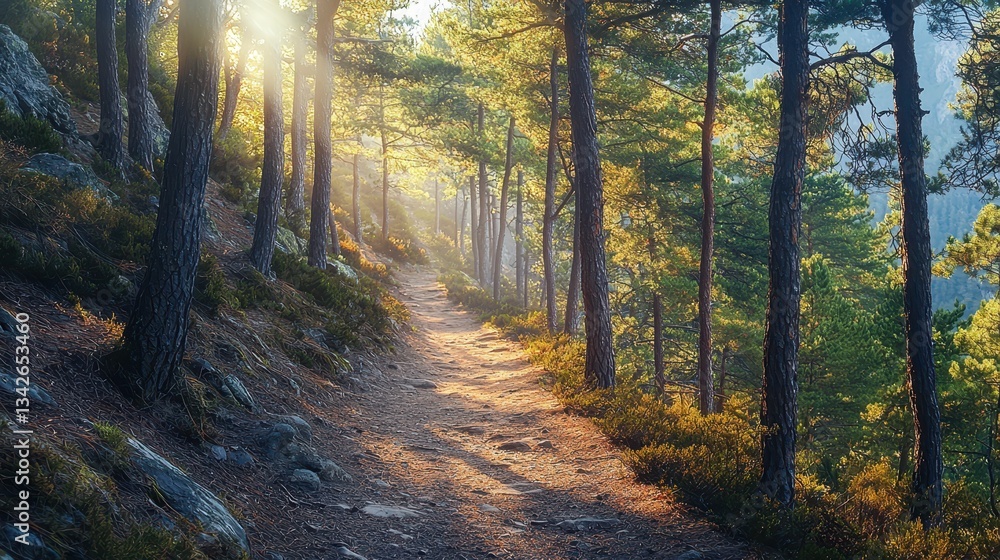 Serene Secluded Mountain Path Surrounded by Tall Pines at Dawn Serene Secluded Mountain Path Surrounded by Tall Pines at Dawn
