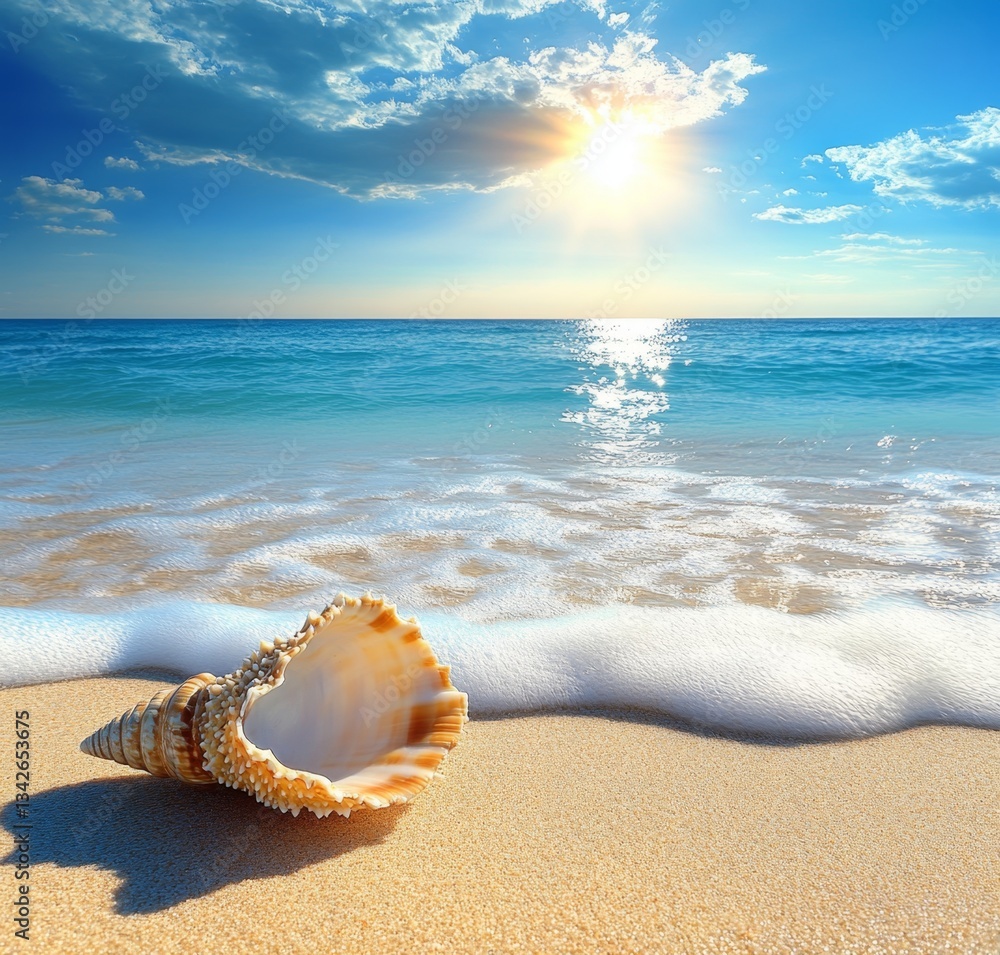Beautiful Shell on Golden Sand Shore with Gentle Waves, Bright Sunlight and Clear Blue Sky in a Tranquil Beach Scene Beautiful Shell on Golden Sand Shore with Gentle Waves, Bright Sunlight and Clear Blue Sky in a Tranquil Beach Scene