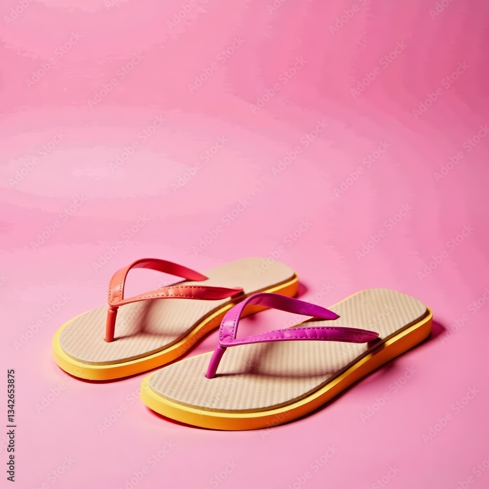 Pair of stylish flip flops on a bright pink backdrop for a fun and trendy summer concept, colorful, lifestyle, leisure Pair of stylish flip flops on a bright pink backdrop for a fun and trendy summer concept, colorful, lifestyle, leisure