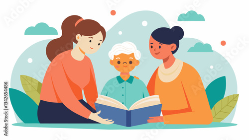 A collaborative storytelling project where youth interview elderly individuals collecting and compiling their stories into a book.. Vector illustration
