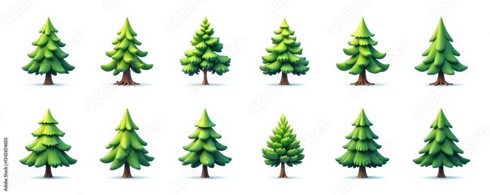 Obraz premium Set of pine tree icons in various styles and sizes on white background, green, forest, collection