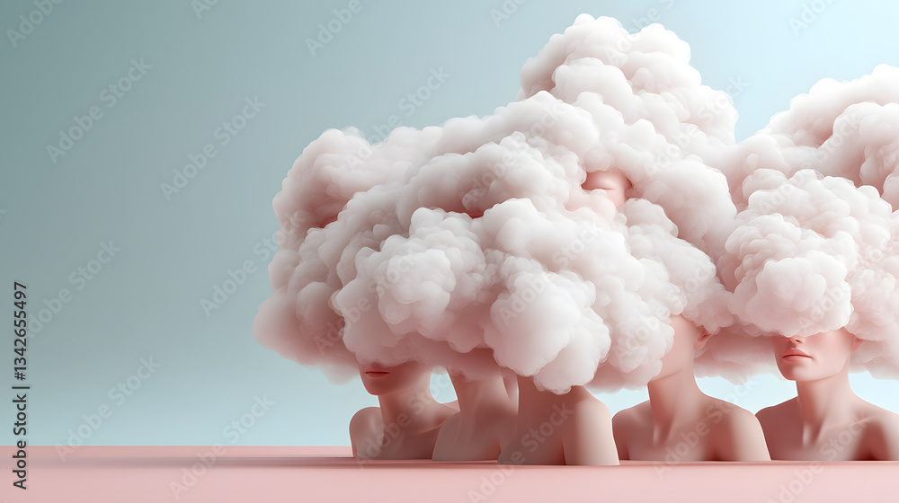 Obraz premium mental health awareness at work. A group of people with their heads in clouds symbolizing