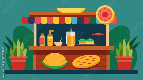 The arepa bar offers a mouthwatering array of toppings from traditional Venezuelan cheese and meats to unconventional options like grilled pineapple and BBQ pulled pork.. Vector illustration