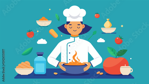 A cook preparing a meal being fully present and mindful of the ingredients their actions and the end result.. Vector illustration