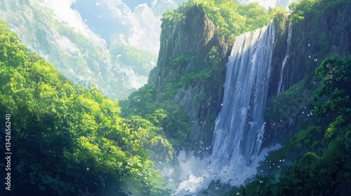 Majestic Waterfall Cascading Down Lush Green Cliff Face