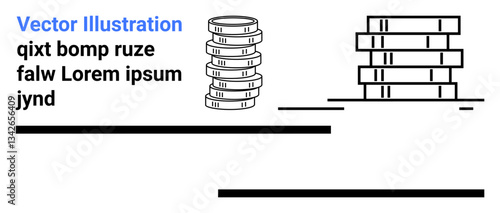 Stacked coins beside a pile of books accompanied by placeholder text. Ideal for finance, saving, education, resource management, budget planning, investments, and a simple landing page