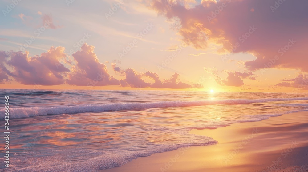 Tranquil Beach Sunrise with Painted Sky and Gentle Waves Tranquil Beach Sunrise with Painted Sky and Gentle Waves