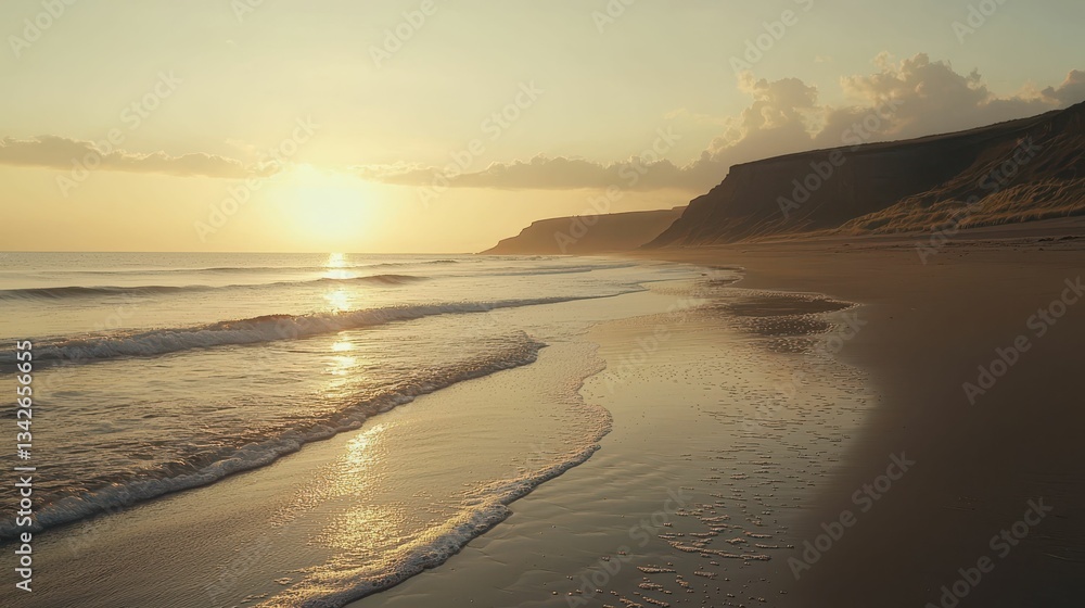 Obraz premium Tranquil Beach with Soft Waves Gently Washing Up at Sunset