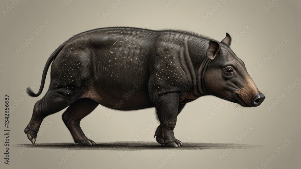 Fototapeta premium Dark-colored, robust mammal, likely a wild pig or related species, in profile view