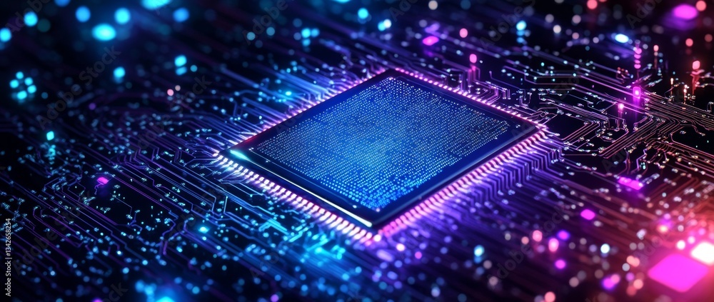 Obraz premium Abstract close-up view of a glowing microchip on a colorful circuit board with bright lights and intricate patterns emphasizing technology and innovation