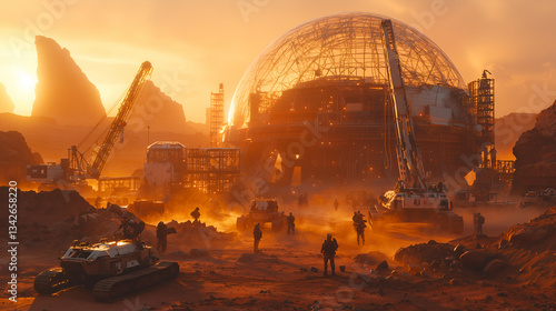 Futuristic Mars Colony Development at Sunrise: Science Fiction Exploration and Technological Innovation with Dusty Terrain, Construction Domes, and Robotic Machinery photo
