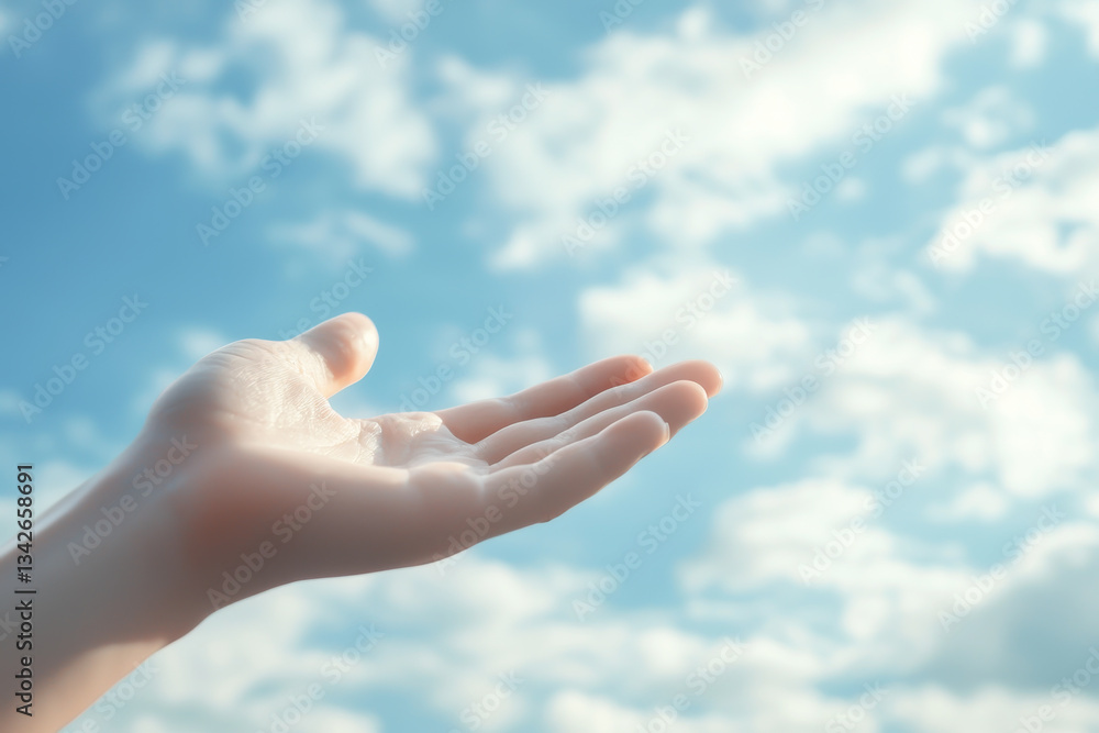 A hand reaching out towards a clear blue sky with soft clouds, symbolizing hope. A hand reaching out towards a clear blue sky with soft clouds, symbolizing hope.