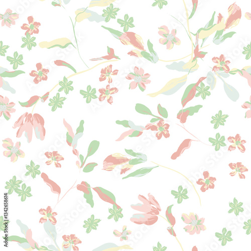 Floral seamless pattern features flowers and leaves in soft pastel shades of ...