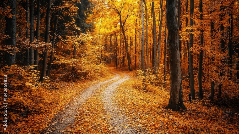 Obraz premium Winding Path Through Autumn Forest with Vibrant Golden Leaves